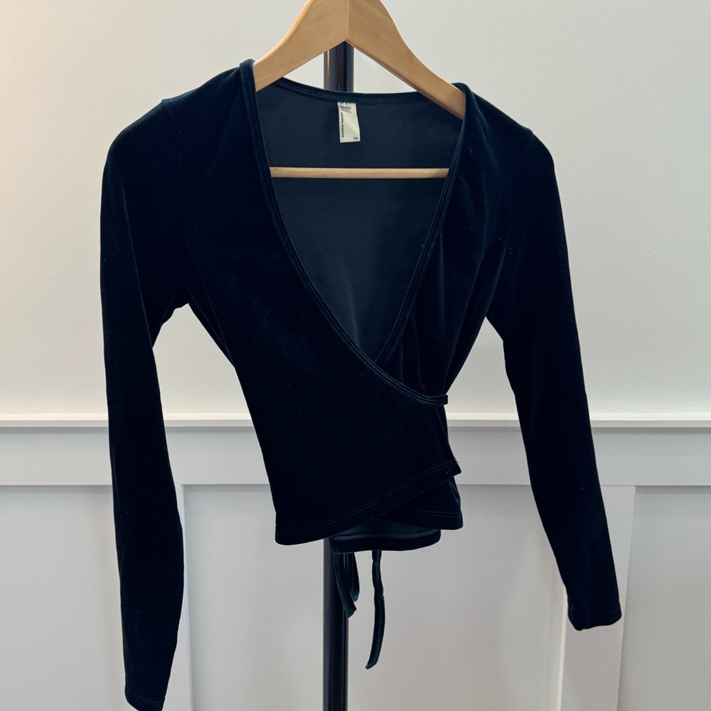 American Apparel green velvet long sleeve wrap top